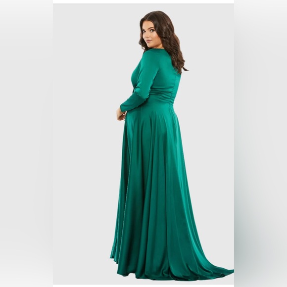 MAC DUGGAL 55245 LONG SLEEVE RUCHED WAIST A-LINE EMERALD GREEN GOWN sz 16 - Picture 4 of 12